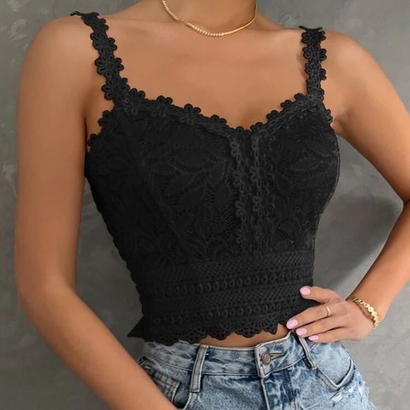 Boho black lace shirred back corset bralette cami top - Picture 5 of 5